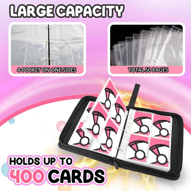 LOYEE Trading Card Binder 4-Pockets, 400 Pockets Card Holder with 50 Removable Sleeves, Large Capacity & Waterproof Zipper Album Holder for Trading Card Collector，Portable Card Album Book for Card-Pink - Image 5
